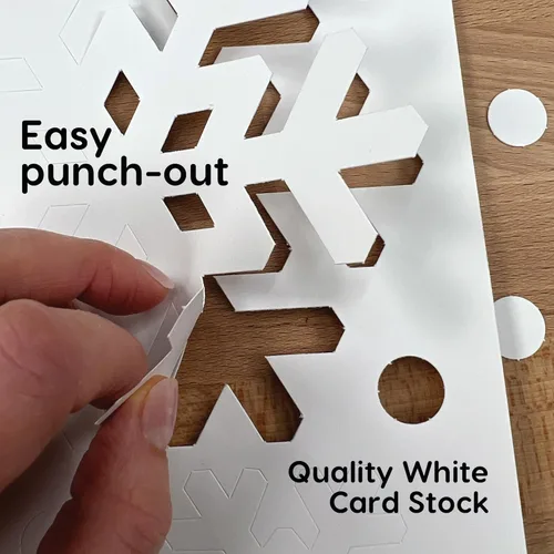 Vista 7 de 80 recortes de papel de copo de nieve con guía IDEA, tarjeta de 2 lados fabricada en Estados Unidos, copos de nieve blancos para tablones