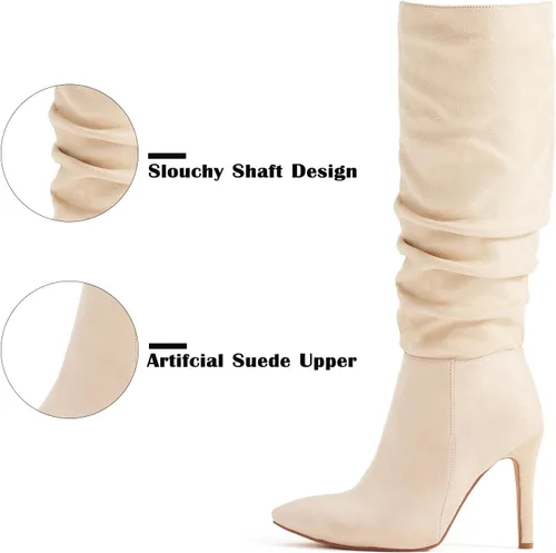 Vista 3 de katliu Botas altas hasta la rodilla de gamuza para mujer, botas de tacón alto con cremallera y punta puntiaguda