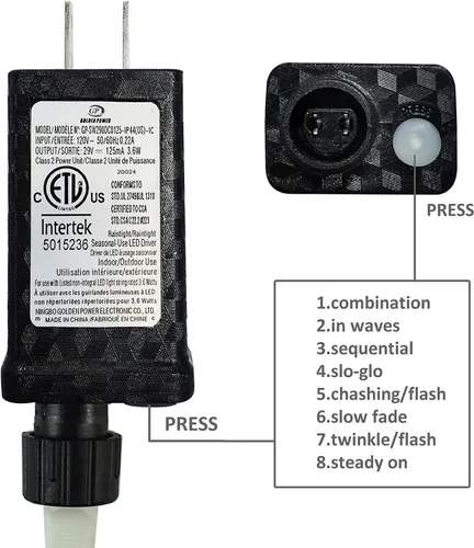 Vista 5 de Tira de luces LED de Navidad para interiores/exteriores, cable verde oscuro, 8 efectos de luz, bajo voltaje, para festival, jardín, árbol