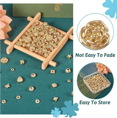 Vista 6 de Craftdady 180 cuentas espaciadoras de aleación, cuentas occidentales, cuentas tibetanas de oro claro, surtidas, cuentas de estrella Rondelle