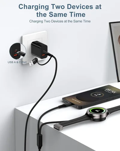 Vista 4 de Samsung Galaxy Watch Ultra - Cable cargador inalámbrico magnético 2 en 2 para teléfono Samsung y reloj, cable de carga rápida para Galaxy Watch8
