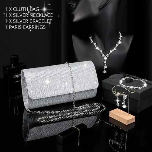 Vista 7 de Meanplan Juego de 4 piezas de joyería de plata para mujer monedero de diamantes de imitación accesorios plateados para mujer joyería de boda