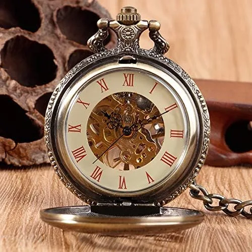 Vista 3 de Bronze Men's Antique Mechanical Pocket Watch, Skeleton Mechanical Roman Numerals Pocket Watch with Chain + Box