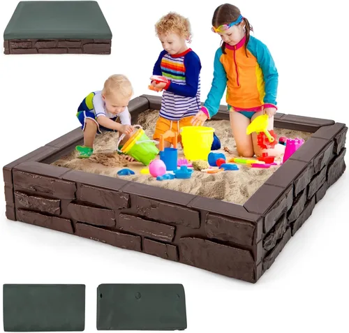 HONEY JOY - Arenero con cubierta, caja de arena cuadrada de 47 x 47 pulgadas para el patio trasero, forro Oxford con drenaje en la parte inferior,