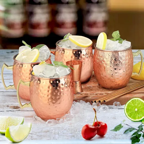 Vista 2 de Moscow Mule - Juego de 4 tazas de cobre chapadas de 18 onzas con asa, tazas grandes de acero inoxidable martillado con doble jigger de 0.5 onzas