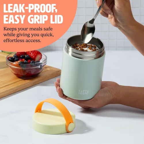 Vista 4 de Tasty Tarro de comida con asa plegable, contenedor portátil para aperitivos o almuerzo, aislado al vacío de acero inoxidable con tapa a prueba