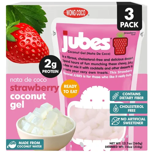 Jubes Strawberry Nata De Coco Jelly Cubes (12.7 onzas, paquete de 3) – Cubos de gelatina de coco y fresa para sagú – Gel de coco en ingredientes de