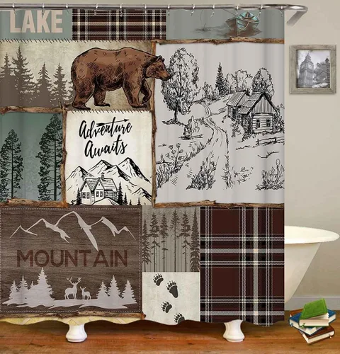 Vista 194 de Camille&Andrew - Juego de 4 cortinas de ducha de tela de ciervo rústico negro, alce, alce, pino, luna, casa de campo, panel rústico, tablero