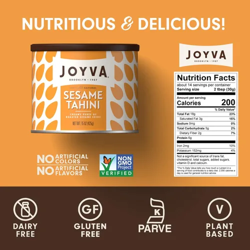 Vista 2 de Joyva Tahini de sésamo Latas de 15 onzas Puré de semillas de sésamo tostado 100% puro Suave como la seda y cremoso Suavemente nuez