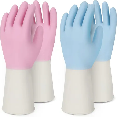 Household Rubber Gloves Non-Slip Dishwashing Cleaning for Kitchen & Bathroom Reusable (2 Pairs Pink+Blue)