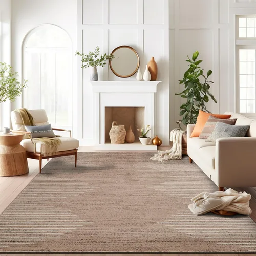 Vista 23 de Rugshop - Alfombra de pasillo bohemia con rayas resistente a manchas, para zonas de alto tráfico, como tu sala de estar, cocina, dormitorio, Beige