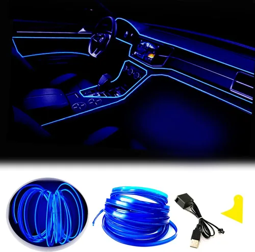 Vista 21 de Tira de luces LED de cable electroluminiscente azul para interior de automóvil, 6.5 pies de cable de neón con controlador USB de 5 voltios