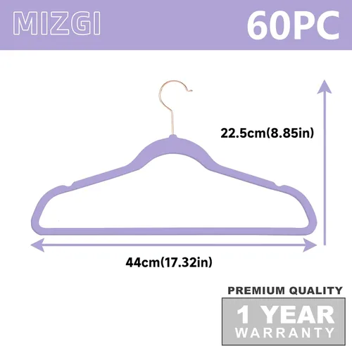 Vista 6 de MIZGI Perchas de Terciopelo Premium (Paquete de 60) Resistentes - Perchas de Fieltro Antideslizantes - Percha de Traje de Terciopelo Morado Claro