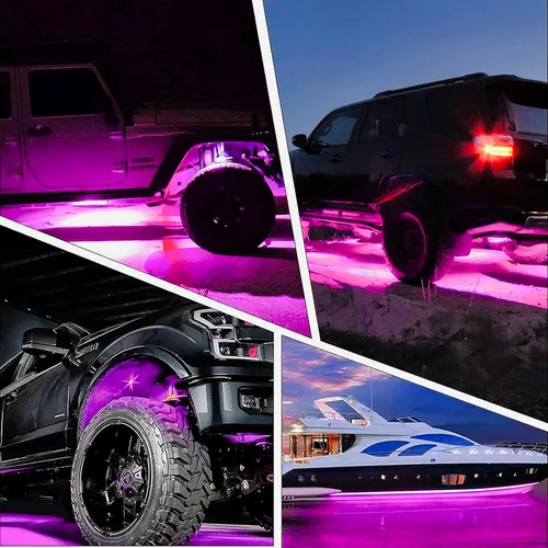 Vista 7 de Luces ledes Rock púrpura rosa con 4 cápsulas de neón de 12 V, kit de debajo de la carrocería, cúpula de arrastre, lámpara de rueda exterior