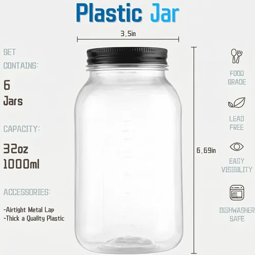 Vista 2 de novelinks Tarros de plástico transparente de 32 onzas con tapas, paquete de 6 tarros grandes de plástico con tapas de 32 onzas, recipientes