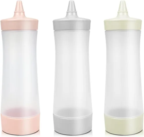 Vista 8 de DOERDO - 3 botellas de plástico para salsa, condimentos, ensaladas, aderezos, salsa de tomate, aceite de oliva, barbacoa, 12 onzas con tapa (gris)