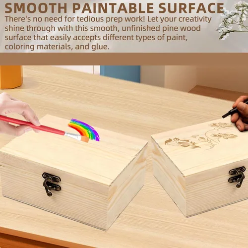 Vista 5 de Caja de madera sin pintar sin terminar con tapa con bisagras para manualidades, almacenamiento de joyas, caja de pino liso, pequeña de 6.7 x 5.1 x