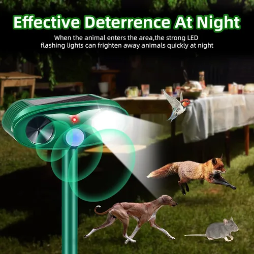Vista 4 de Repelente solar de animales, ultrasónico, repelente de ciervos para gatos al aire libre con sensor de movimiento, luz estroboscópica, impermeable