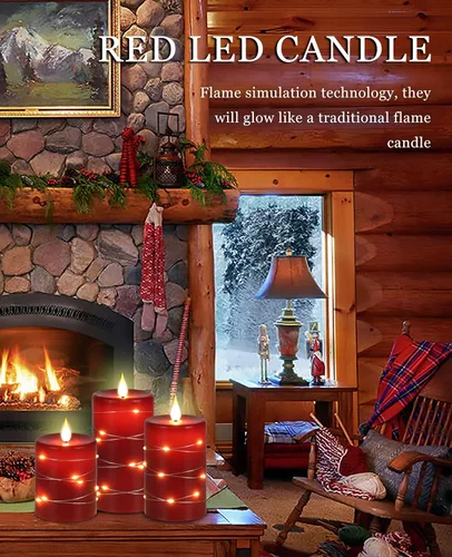 Vista 2 de Velas rojas sin llama con tira de luces, funciona con pilas, velas LED de pilar de 4, 5, 6 pulgadas, con control remoto, juego de 3 velas falsas