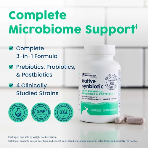 Vista 3 de NativePath Complete Synbiotic - Pre, Pro y Postbiótico 3 en 1 para salud intestinal y apoyo digestivo - 10 mil millones de UFC, 30 porciones