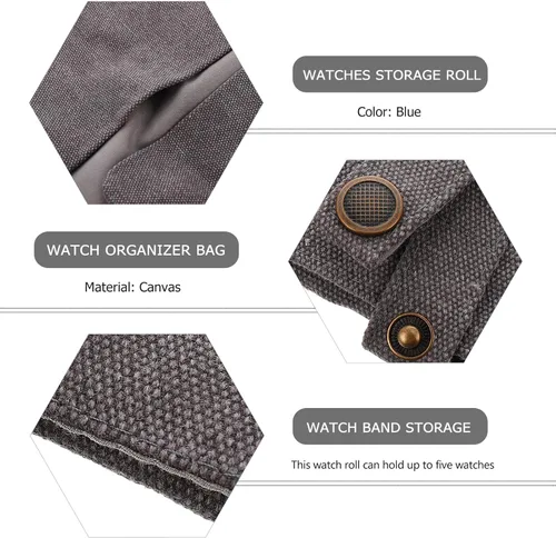 Vista 8 de Watch Band Storage Bag and Watch Organizer Pouch, Gray Nylon Portable Travel Case for Smartwatch Accessories, Space-saving Roll with Snap Closure