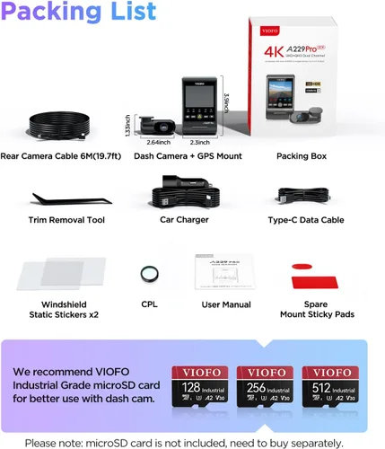 Vista 8 de VIOFO A229 Pro 4K HDR Dash Cam, Dual STARVIS 2 IMX678 IMX675, 4K+2K Cámara frontal y trasera para automóvil, 2 canales con HDR, control de voz, WiFi