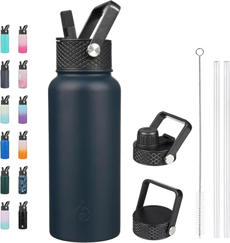 Vista 46 de BJPKPK - Botellas de agua aisladas con tapa con popote, botella grande de metal de 32 onzas con 3 tapas, termo reutilizable sin fugas y sin BPA