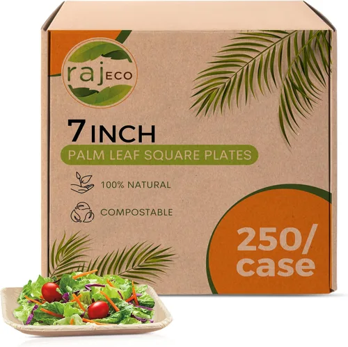 Vista 11 de Raj Palm Leaf Plates [100-Pack] 7" Square Plates (2 CASES - 200 PACK) like Bamboo plates Disposable, Strong, Decorative Compostable Tableware for