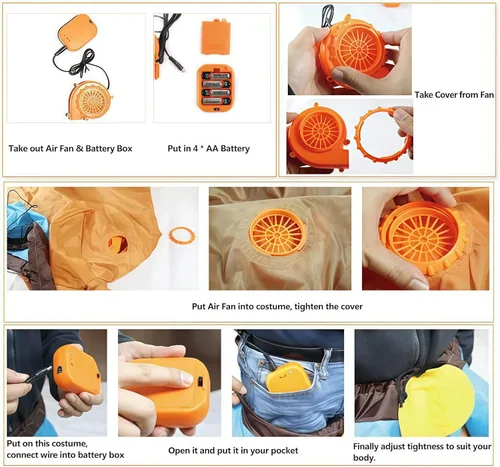 Vista 4 de Mini ventilador para disfraz de dinosaurio o cabeza u otro juego de disfraz inflable, naranja