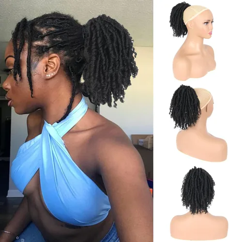 Oseti Dreadlock - Cola de caballo rizada negra con cordón para mujeres negras, accesorios de moño de pétalos cortos con clip en colas de caballo,