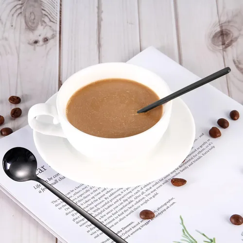 Vista 7 de Juego de 6 cucharas de café expreso de acero inoxidable, mini cucharaditas negras de 5.3 pulgadas para café, té británico, postre, pastel, helado