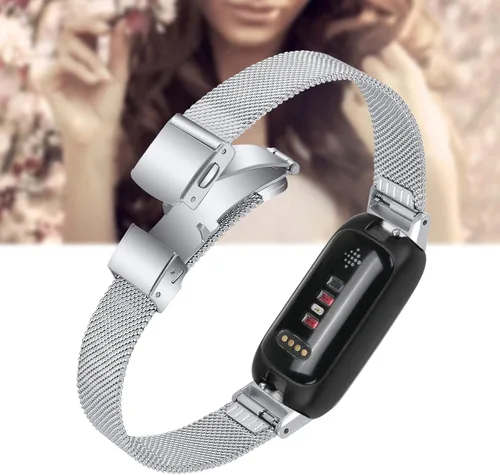 Vista 5 de FitTurn Paquete de 2 correas delgadas compatibles con Fitbit Inspire 3 SmartWatch, de malla de acero inoxidable ajustable, pulseras de reloj