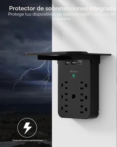 Vista 5 de Extensor de toma de corriente – Protector de sobretensiones de 6 salidas de CA con estante, 2 puertos de carga USB y USB C, expansor de enchufe