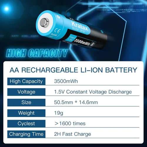 Vista 2 de Kratax Baterías recargables AA de 3500 mWh, batería de litio doble AA de alta capacidad, salida de voltaje constante de 1.5 V, 1600 ciclos