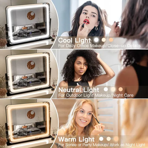 Vista 2 de FENNIO - Espejo de tocador con luces, espejo de maquillaje iluminado LED, pantalla táctil con 3 modos de iluminación, regulable, para mesa