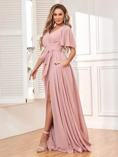 Vista 5 de Vestidos de dama de honor con cuello en V y mangas con vuelo, para boda, vestido largo de gasa formal con bolsillos