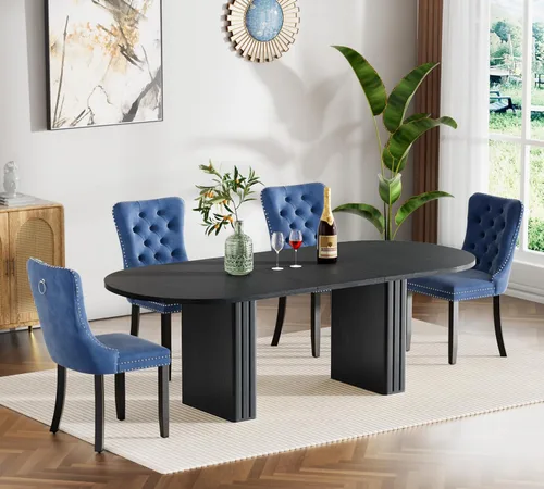 Vista 15 de Pvillez Extendable Dining Table Set of 8, Black Oval Dining Room Table & 8 Black Velvet Dining Chairs with Wood Leg, 62.99"-78.74" Kitchen Table and