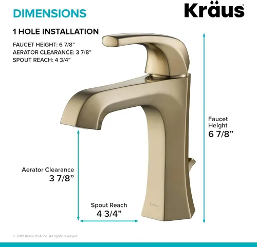 Vista 8 de KRAUS Esta grifo de baño de lavabo de una sola manija con drenaje de varilla de elevación en oro cepillado, KBF-1211BG