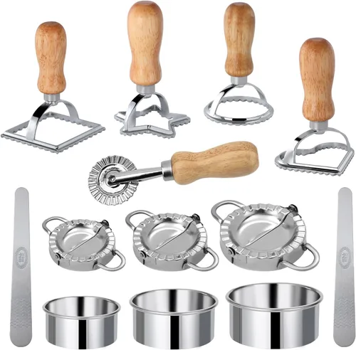 Vista 9 de Juego de ruedas de corte de raviolis de 5 piezas, fabricantes de raviolis con rodillo, juego de cortador de sellos de raviolis con mango de madera