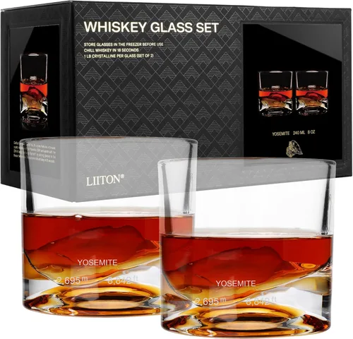 Vista 22 de LIITON Denali Mountain - Juego de 2 vasos de whisky de cristal pesado, vaso grueso de borbón congelable de 1 libra cada uno, regalos de whisky
