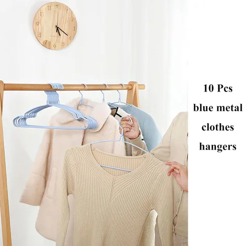 Vista 6 de Perchas para ropa de alambre azul cielo, paquete de 10, resistentes, ahorran espacio, perchas antideslizantes para trajes, camisas, vestidos