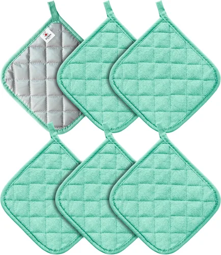 Vista 18 de Joyhalo Paquete de 4 agarraderas para ollas de cocina, agarraderas de horno de algodón con gran resistencia al calor, almohadillas térmicas