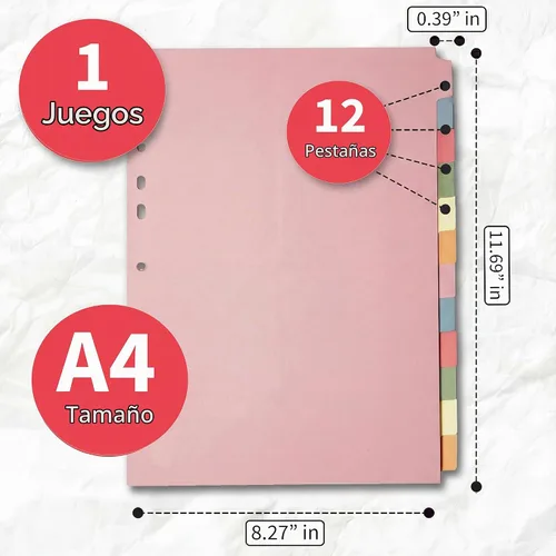 Vista 2 de Separadores de carpetas con pestañas A4 de 12 partes, separadores para carpeta de 3 anillas, perfectos para organizar páginas en 3 separadores
