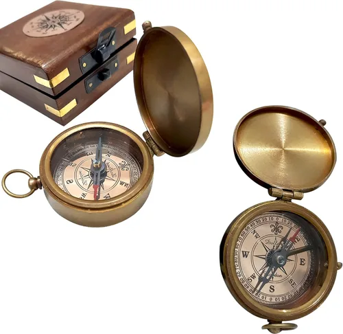 Vista 4 de Brújula de bolsillo de latón antiguo con caja de madera, herramienta de navegación magnética de 2 pulgadas, vintage, náutico, coleccionable