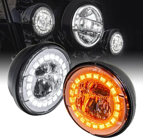 Vista 10 de TRUE MODS 2 piezas de luces antiniebla LED negras de 4.5" para motocicletas Harley Davidson [DRL de halo blanco y señales de giro ámbar]