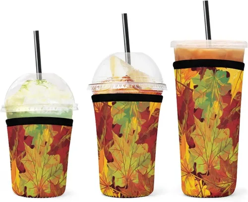 Autumn Leaves Reusable Insulated Neoprene Iced Coffee Cup Sleeves 3 Sizes Diving Material Cup Durable Beverage Covers for Cold Coffee Tea Drinks
