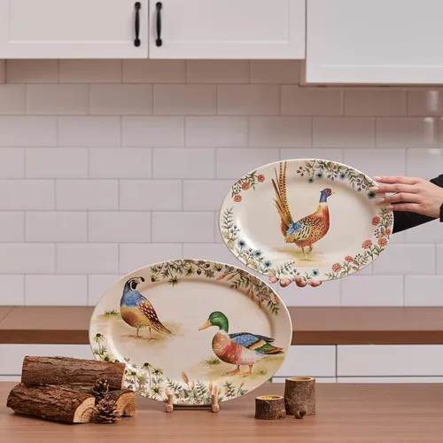 Vista 5 de Bico Autumn Birds - Juego de 2 bandejas ovaladas de 16 más 14 pulgadas, aptas para microondas y lavavajillas, para servir pescado, pollo, pavo