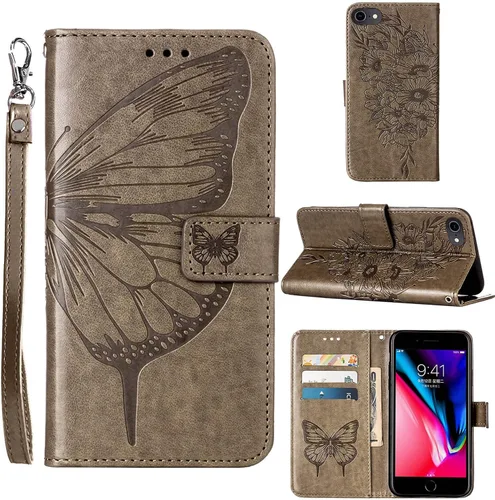 Vista 10 de Funda para iPhone SE 2022/SE 2020, 6/6S/7/8 Mariposa floral en relieve, correa de muñeca, ranuras para tarjetero, funda protectora de cuero