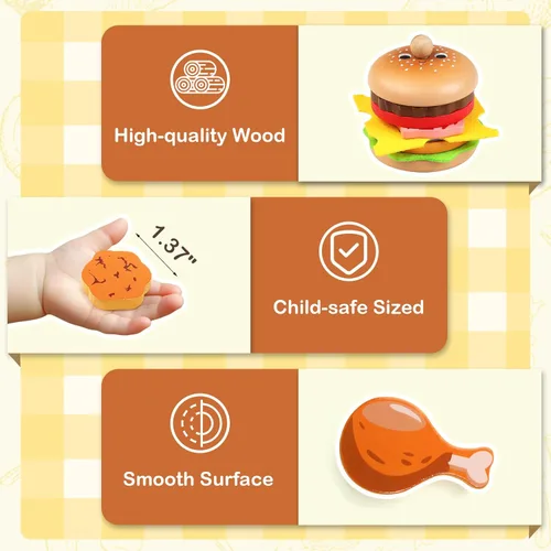 Vista 4 de Juego de comida de madera para hamburguesas para niños, juego de comida rápida con bandeja, accesorios de cocina de juego de simulación para niños