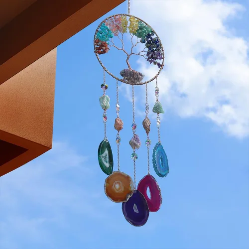 Vista 2 de Atrapasueños del árbol de la vida, Dreamsum atrapasueños para adultos con cristal de arco iris, hecho a mano, ágata dorada, decoración de ventana